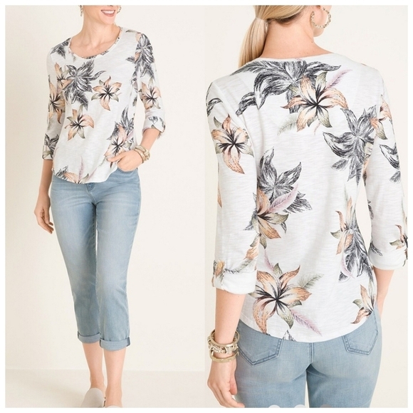 Chico's Cotton Blend Slub Floral Utility Sleeve Button Tee Size Large Tropical - Picture 1 of 12